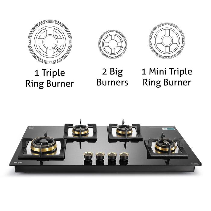 4 Burner Glass Gas Hob Top with 2 Triple Ring, Total Double Ring Brass Burner with Flame Failure Device Auto Ignition (1094XLCIHTT2TRS)