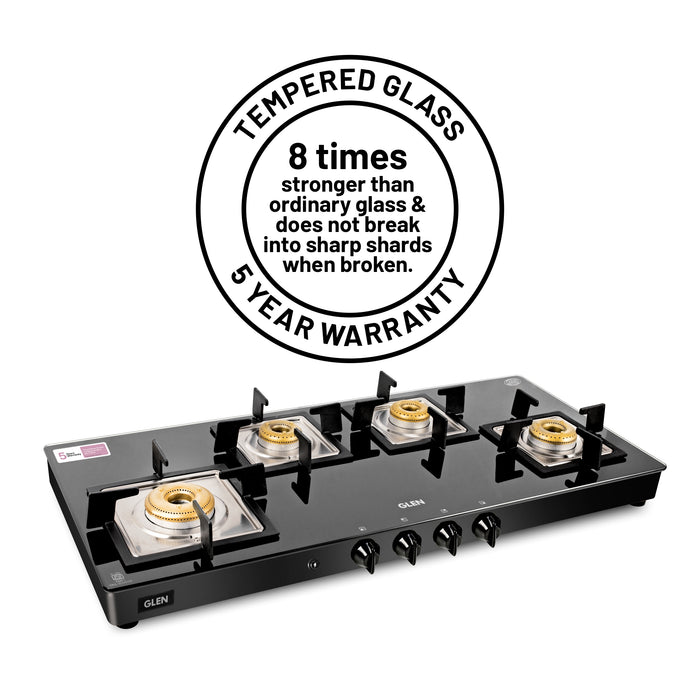 4 Burner Glass Gas Stove Extra Wide 1 High Flame 3 Forged Brass Burner Auto Ignition (1049 SQGT FB AI)