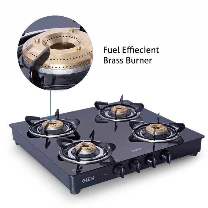 4 Burner Glass Gas Stove with Brass Burner Auto Ignition, Black (CT1044DLXGTBBBLAI)