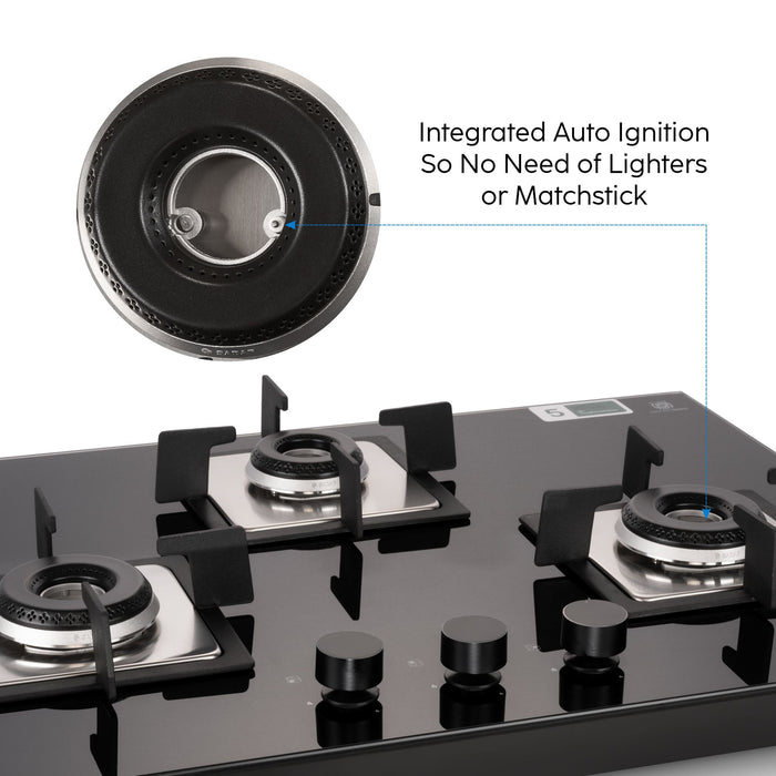 3 Burner Glass Hob Top with with Italian Double Ring Burners Auto Ignition (BH 1073 SQ HT IN 70)