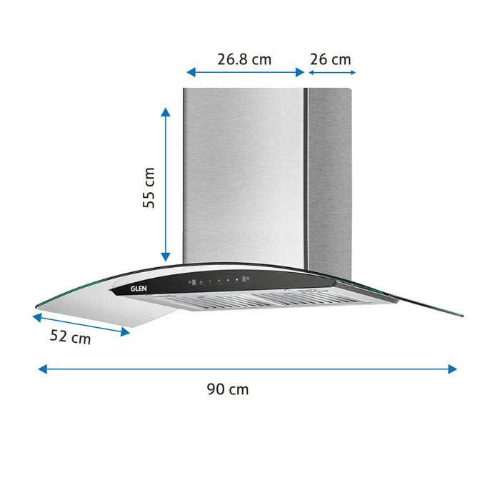 Auto Clean Chimney Curved Glass Baffle Filters with Motion Sensor 60/90cm 1200 m³/h - Silver (6063 SS)