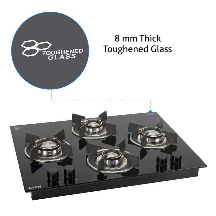 4 Burner Glass Hob Top with Double Ring Forged Brass Burner Auto Ignition (BH1065XROHTDB)