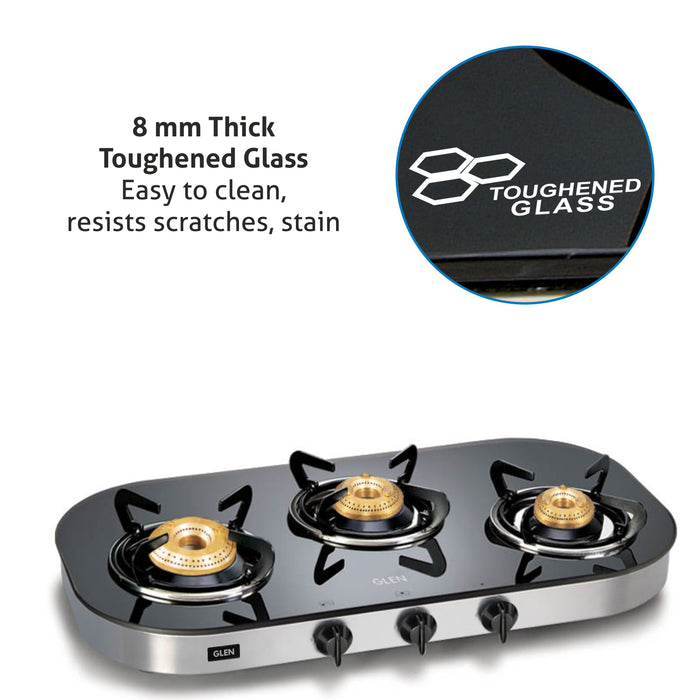 3 Burner Black Glass Gas Stove with High Flame Brass Burner (1036GTAI) -  Auto Ignition