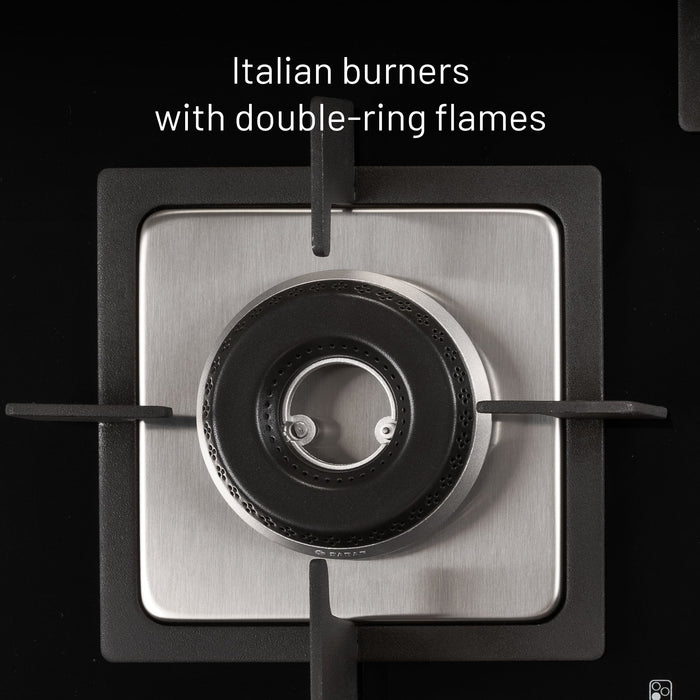 3 Burner Glass Hob Top with with Italian Double Ring Burners Auto Ignition (BH 1073 SQ HT IN 70)