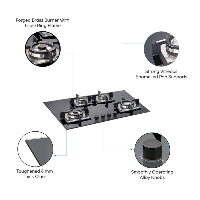 4 Burner Built-in Glass Hob Triple Ring Burner Forged Brass Double Ring Burner Auto Ignition (1074 SQ DB TR)