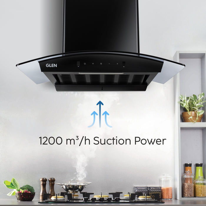 Auto Clean Curved Glass Filter less Kitchen Chimney with Motion Sensor 60/76/90cm, 1200 m3/h (6058 BL Auto Clean)
