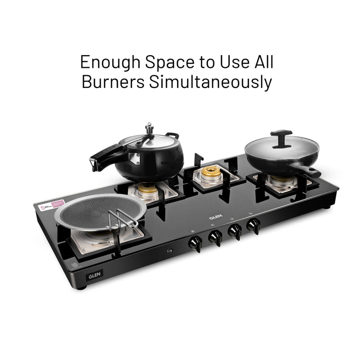 4 Burner Glass Gas Stove Extra Wide 1 High Flame 3 Forged Brass Burner Auto Ignition (1049 SQGT FB AI)