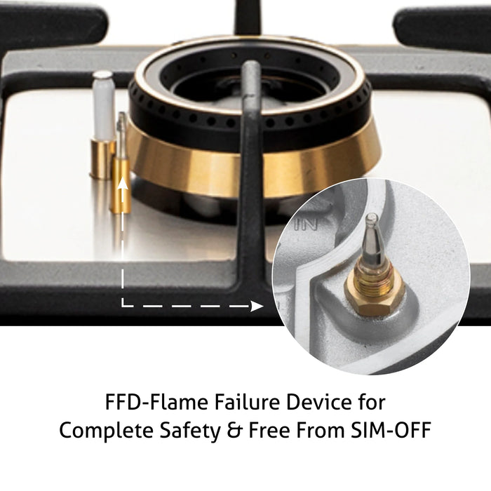 4 Burner Glass Gas Hob Top Mini Triple Ring Burner Double Ring Total Brass Burner with Flame Failure Device Auto Ignition (1074SQHTT2TRMGS)