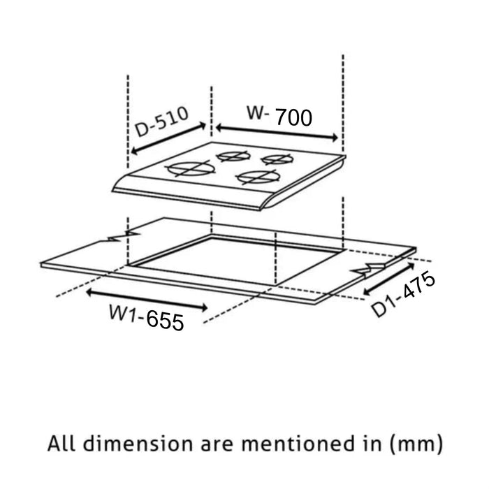 4 Burner Stainless Steel Hob Top Mini Triple Ring, Double Ring Forged Brass Burners Auto Ignition (BH1074SQHTSSDBMT70)