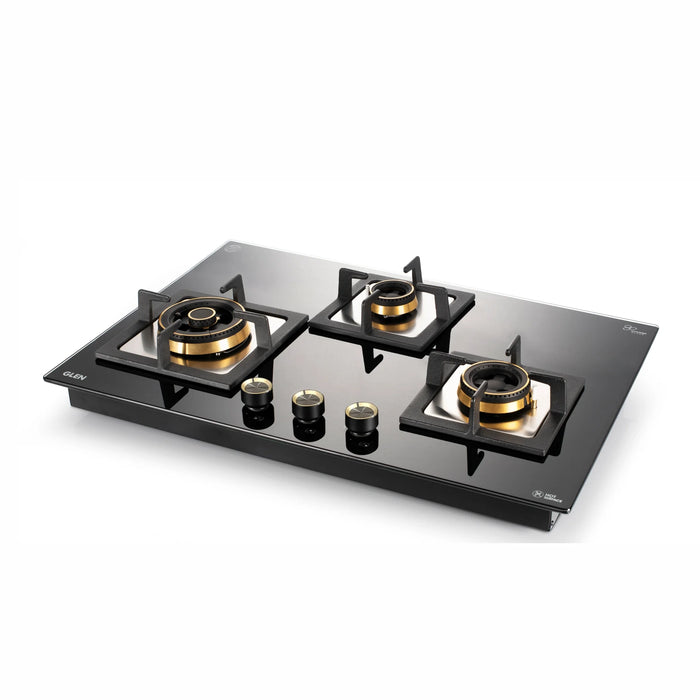 3 Burner Extra Large Glass Gas Hob Top with Triple Ring, Total Double Ring Brass Burner with Flame Failure Device Auto Ignition (1073XLCIHTTDBS)