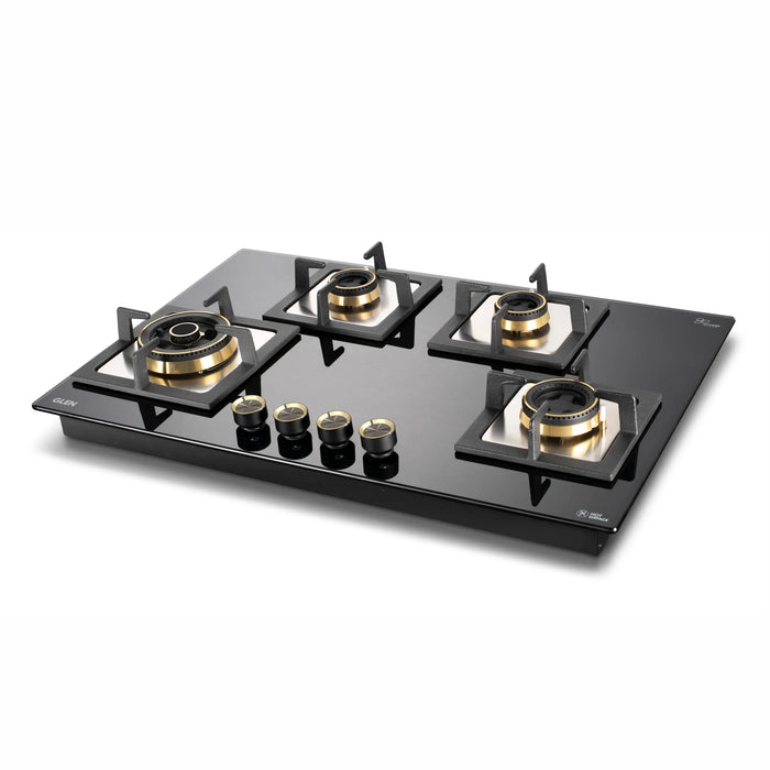4 Burner Glass Gas Hob Top with Triple Ring, Total Double Ring Brass Burner with Flame Failure Device Auto Ignition (1074CIHTTDBTRS)