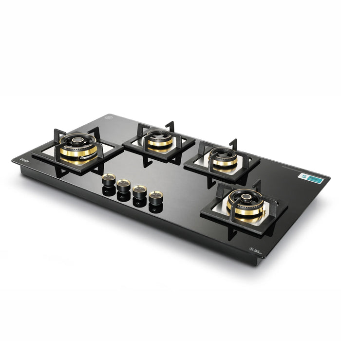 4 Burner Glass Gas Hob Top with 2 Triple Ring, Total Double Ring Brass Burner with Flame Failure Device Auto Ignition (1094XLCIHTT2TRS)