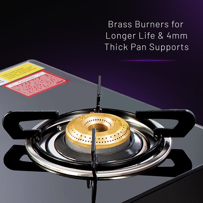 3 Burner Glass Gas Stove with High Flame Brass Burner - Manual/Auto Ignition (1038GTBBBL)