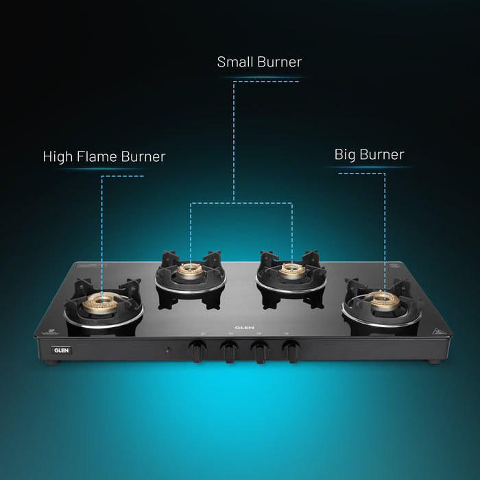 4 Burner Glass Gas Stove with High Flame Brass Burner and Crown Pan Supports (CT 1044 GT BB BL HF CP)