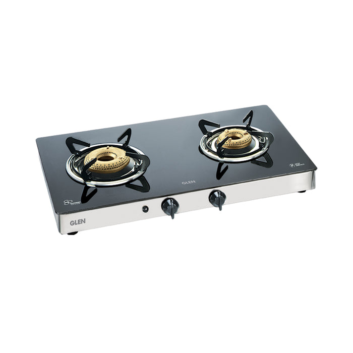 2 Burner LPG Glass Gas Stove with High Flame Forged Brass Burner (1021GTFBHF) - Manual/Auto Ignition