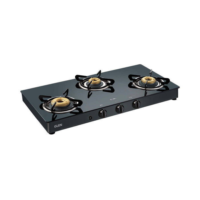 3 Burner Glass Gas Stove with High Flame Forged Brass Burner Double Drip Tray Black (1038GTFBDDBL) - Manual/Auto Ignition