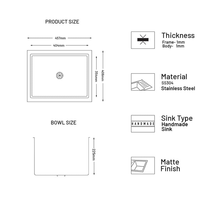 Stainless Steel Grade 304 Sink for Kitchen, Single Bowl Handmade Sink 18x16x9 inches, Matte Finish (KS-SH18169SBM)