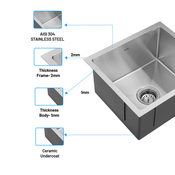 Stainless Steel Grade 304 Sink for Kitchen, Single Bowl Handmade Sink 21x18x9 inches, Matte Finish (KS-SH21189SBM)