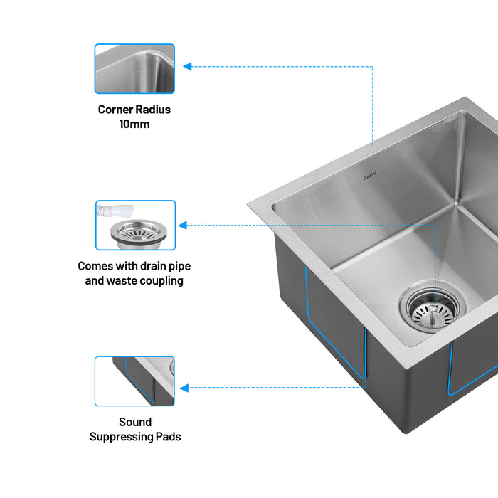 Stainless Steel Grade 304 Sink for Kitchen, Single Bowl Handmade Sink 21x18x9 inches, Matte Finish (KS-SH21189SBM)