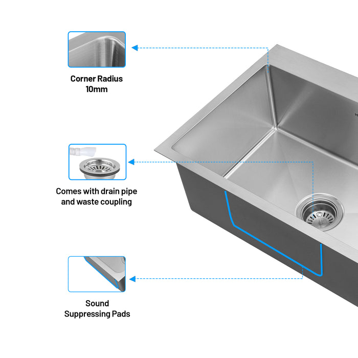 Stainless Steel Grade 304 Sink for Kitchen, Single Bowl Handmade Sink with Full Faucet Deck 24x18x9 inches, Matte Finish (KS-SH24189SBFFDM)