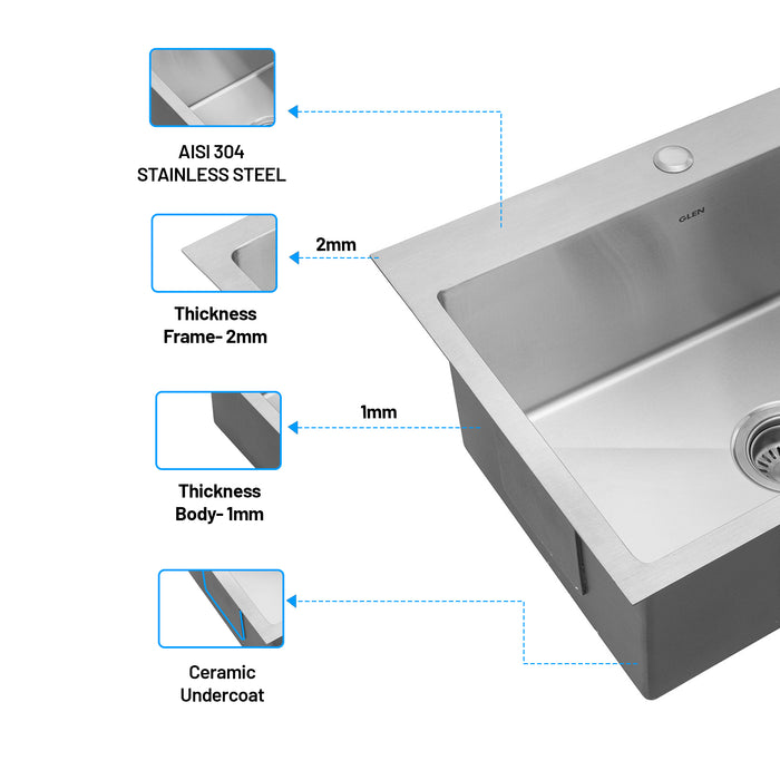 Stainless Steel Grade 304 Sink for Kitchen, Single Bowl Handmade Sink 24x18x9 inches, Matte Finish (KS-SH24189SBM)