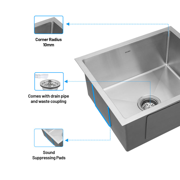 Stainless Steel Grade 304 Sink for Kitchen, Single Bowl Handmade Sink 24x18x9 inches, Matte Finish (KS-SH24189SBM)