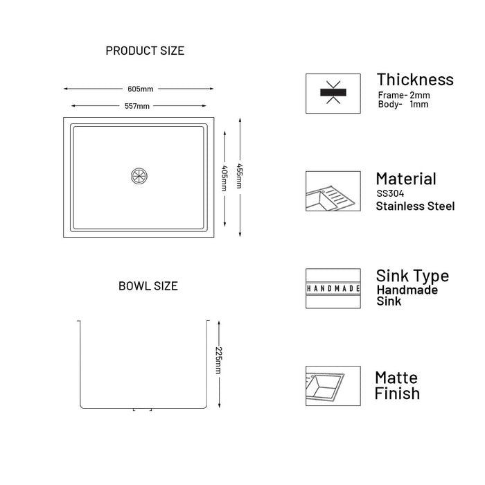 Stainless Steel Grade 304 Sink for Kitchen, Single Bowl Handmade Sink 24x18x9 inches, Matte Finish (KS-SH24189SBM)