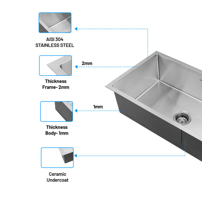 Stainless Steel Grade 304 Sink for Kitchen, Single Bowl Handmade Sink 30x18x9 inches, Matte Finish (KS-SH30189SBM)