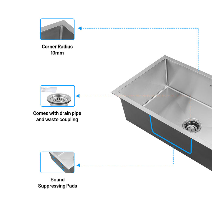 Stainless Steel Grade 304 Sink for Kitchen, Single Bowl Handmade Sink 30x18x9 inches, Matte Finish (KS-SH30189SBM)