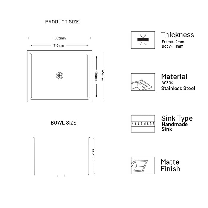 Stainless Steel Grade 304 Sink for Kitchen, Single Bowl Handmade Sink 30x18x9 inches, Matte Finish (KS-SH30189SBM)