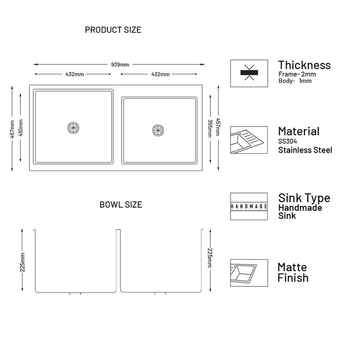 Stainless Steel Grade 304 Sink for Kitchen, Double Bowl Handmade Sink with Half Faucet Deck 37x18x9 inches, Matte Finish (KS-SH37189DBHFDM)