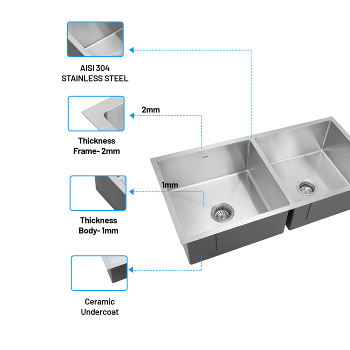 Stainless Steel Grade 304 Sink for Kitchen, Double Bowl Handmade Sink 45x20x9 inches, Matte Finish (KS-SH45209DBM)