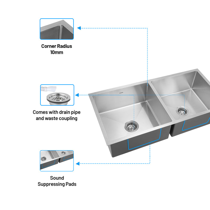 Stainless Steel Grade 304 Sink for Kitchen, Double Bowl Handmade Sink 40x20x9 inches, Matte Finish (KS-SH40209DBM)