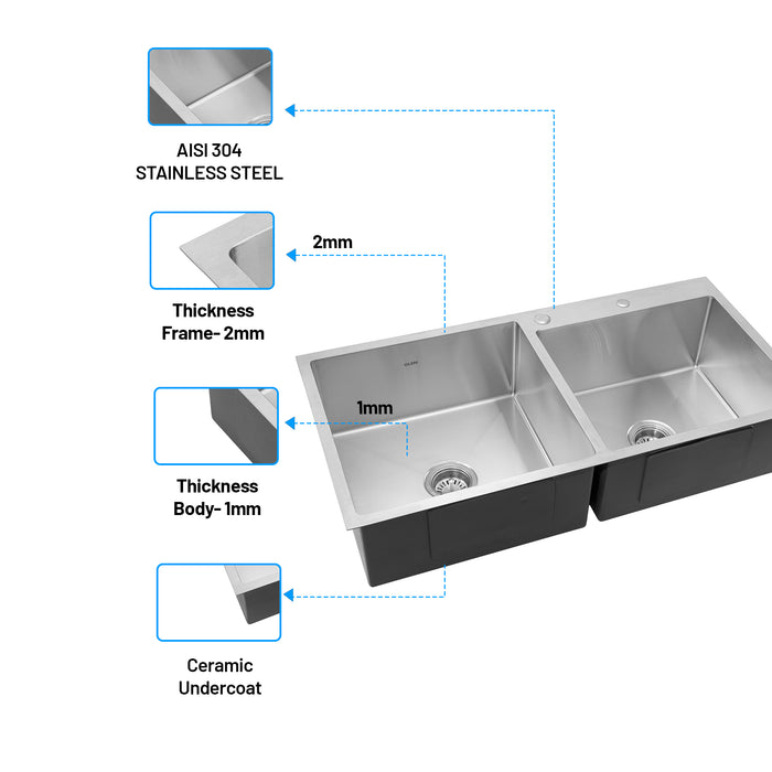 Stainless Steel Grade 304 Sink for Kitchen, Double Bowl Handmade Sink with Half Faucet Deck 40x20x9 inches, Matte Finish (KS-SH40209DBHFDM)