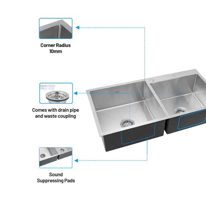 Stainless Steel Grade 304 Sink for Kitchen, Double Bowl Handmade Sink with Half Faucet Deck 40x20x9 inches, Matte Finish (KS-SH40209DBHFDM)