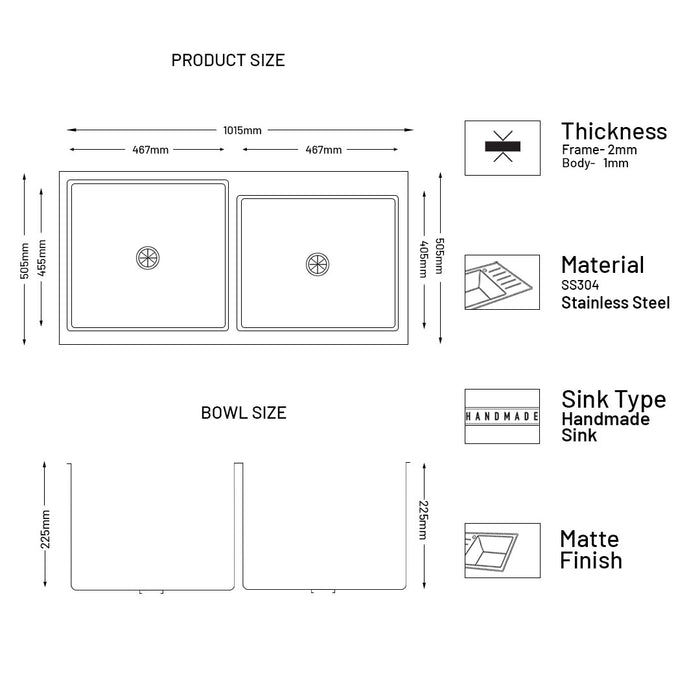 Stainless Steel Grade 304 Sink for Kitchen, Double Bowl Handmade Sink with Half Faucet Deck 40x20x9 inches, Matte Finish (KS-SH40209DBHFDM)