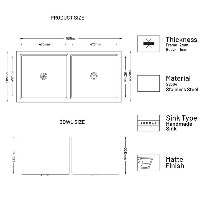 Stainless Steel Grade 304 Sink for Kitchen, Double Bowl Handmade Sink 40x20x9 inches, Matte Finish (KS-SH40209DBM)