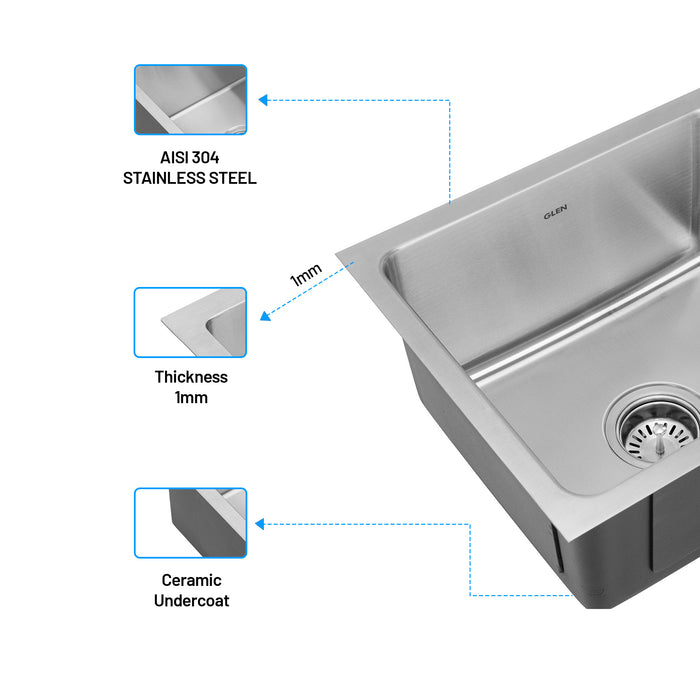 Stainless Steel Grade 304 Sink for Kitchen, Single Bowl Press Sink 18x16x9 inches, Matte Finish (KS-SP18169SBM)