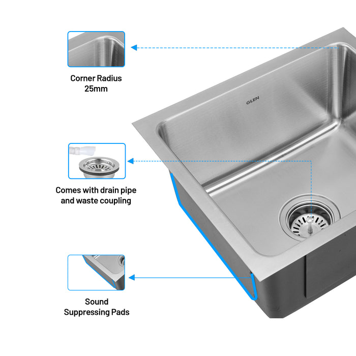 Stainless Steel Grade 304 Sink for Kitchen, Single Bowl Press Sink 18x16x9 inches, Matte Finish (KS-SP18169SBM)