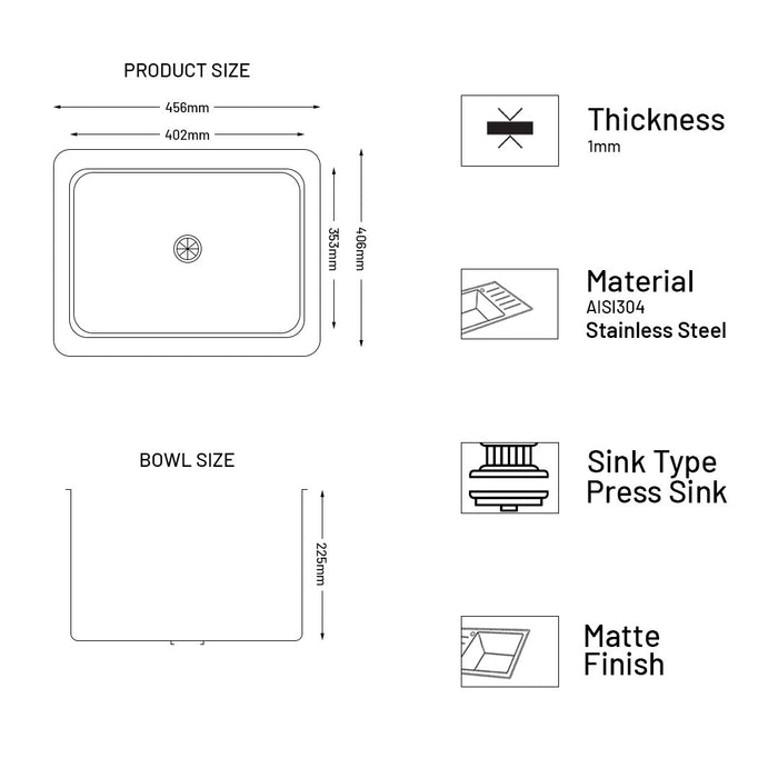 Stainless Steel Grade 304 Sink for Kitchen, Single Bowl Press Sink 18x16x9 inches, Matte Finish (KS-SP18169SBM)