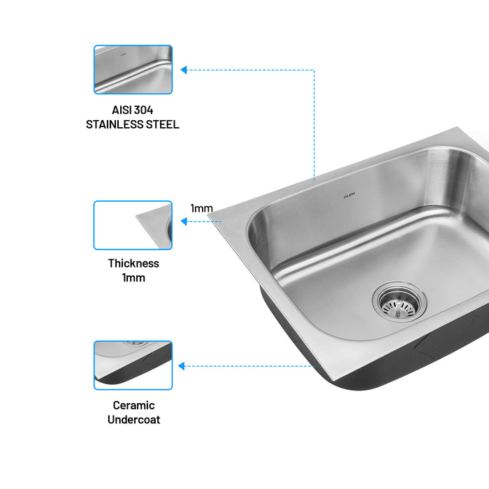 Stainless Steel Grade 304 Sink for Kitchen, Single Bowl Press Sink 21x18x8 inches, Matte Finish (KS-SP21188SBM)