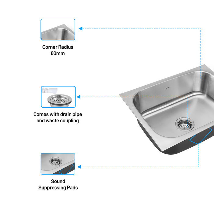 Stainless Steel Grade 304 Sink for Kitchen, Single Bowl Press Sink 21x18x8 inches, Matte Finish (KS-SP21188SBM)