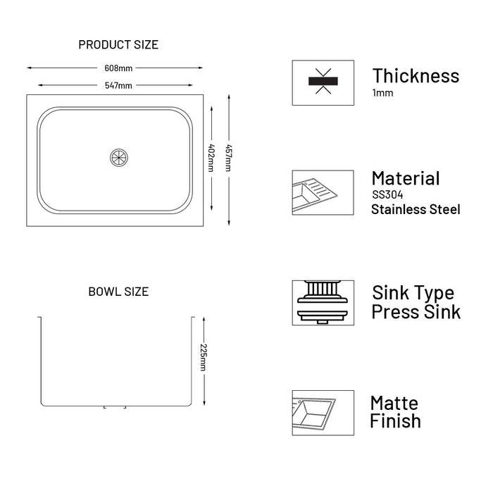 Stainless Steel Grade 304 Sink for Kitchen, Single Bowl Press Sink 24x18x9 inches, Matte Finish (KS-SP24189SBM)