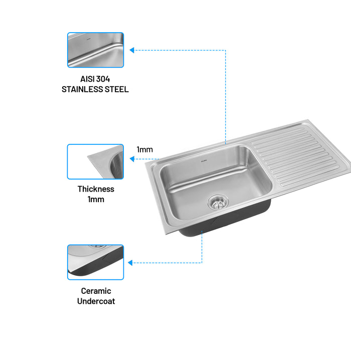 Stainless Steel Grade 304 Sink for Kitchen, Single Bowl Press Sink with Side Drain Board 36x20x8 inches, Matte Finish (KS-SP36208SBSDM)