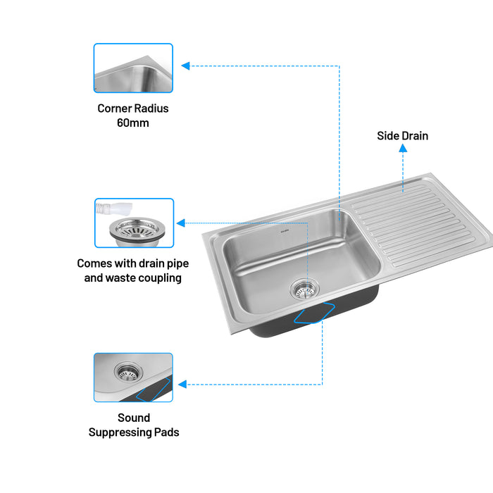 Stainless Steel Grade 304 Sink for Kitchen, Single Bowl Press Sink with Side Drain Board 36x20x8 inches, Matte Finish (KS-SP36208SBSDM)