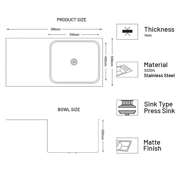 Stainless Steel Grade 304 Sink for Kitchen, Single Bowl Press Sink with Side Drain Board 36x20x8 inches, Matte Finish (KS-SP36208SBSDM)