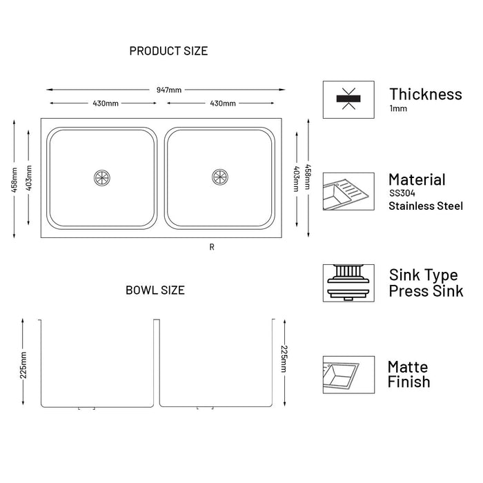 Stainless Steel Grade 304 Sink for Kitchen, Double Bowl Press Sink 37x18x9 inches, Matte Finish (KS-SP37189DBM)