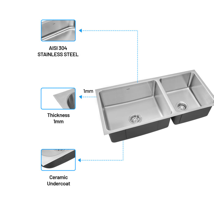 Stainless Steel Grade 304 Sink for Kitchen, Double Bowl Press Sink 37x18x9 inches, Matte Finish (KS-SP37189DBSM)