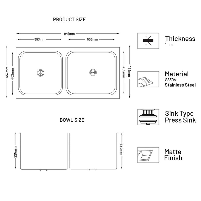 Stainless Steel Grade 304 Sink for Kitchen, Double Bowl Press Sink 37x18x9 inches, Matte Finish (KS-SP37189DBSM)