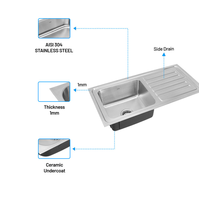 Stainless Steel Grade 304 Sink for Kitchen, Single Bowl Press Sink with Side Drain Board 40x20x8 inches, Matte Finish (KS-SP40208SBSDM)